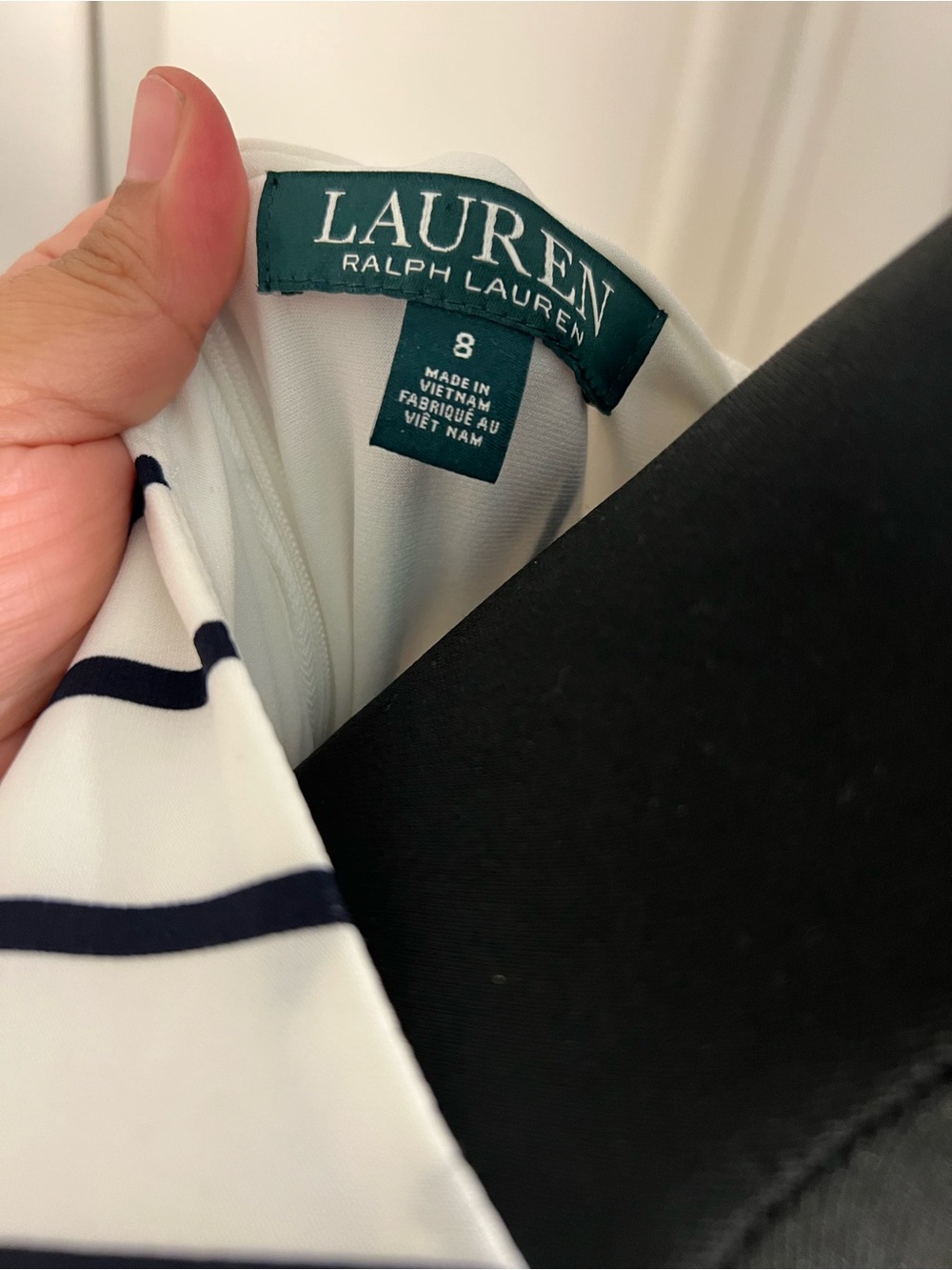 Ralph Lauren White Maxi Dress with Black Vertical Stripes and Waist Tie - Picture 5 of 8